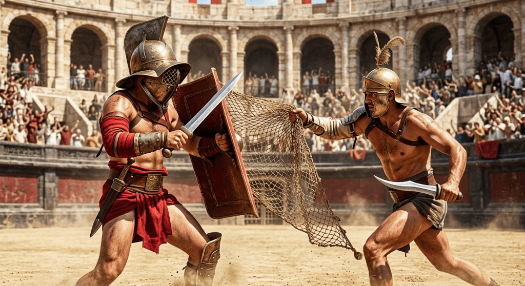 Two armored gladiators fighting in a sandy Roman colosseum arena with crowd in background