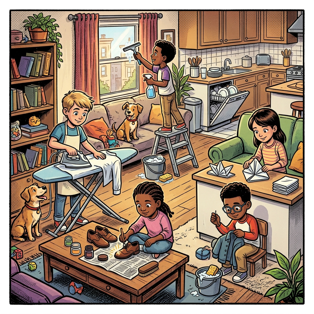 Four children dusting, sweeping, wiping, and vacuuming a living room together